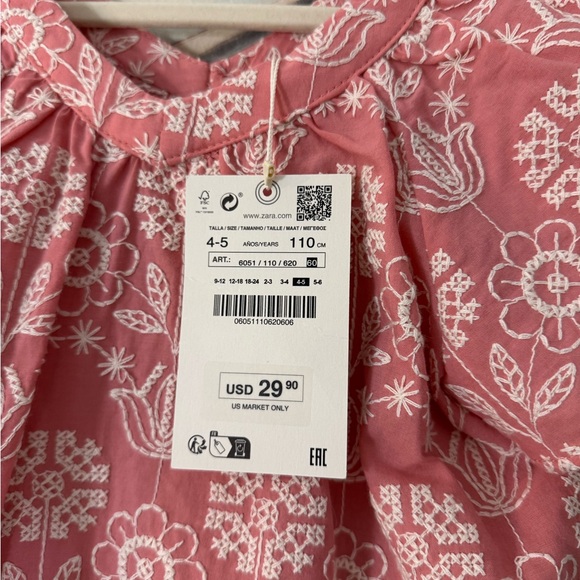 ZARA Girls Pink White Embroidered Top NWT Size 4/5 - Picture 4 of 5